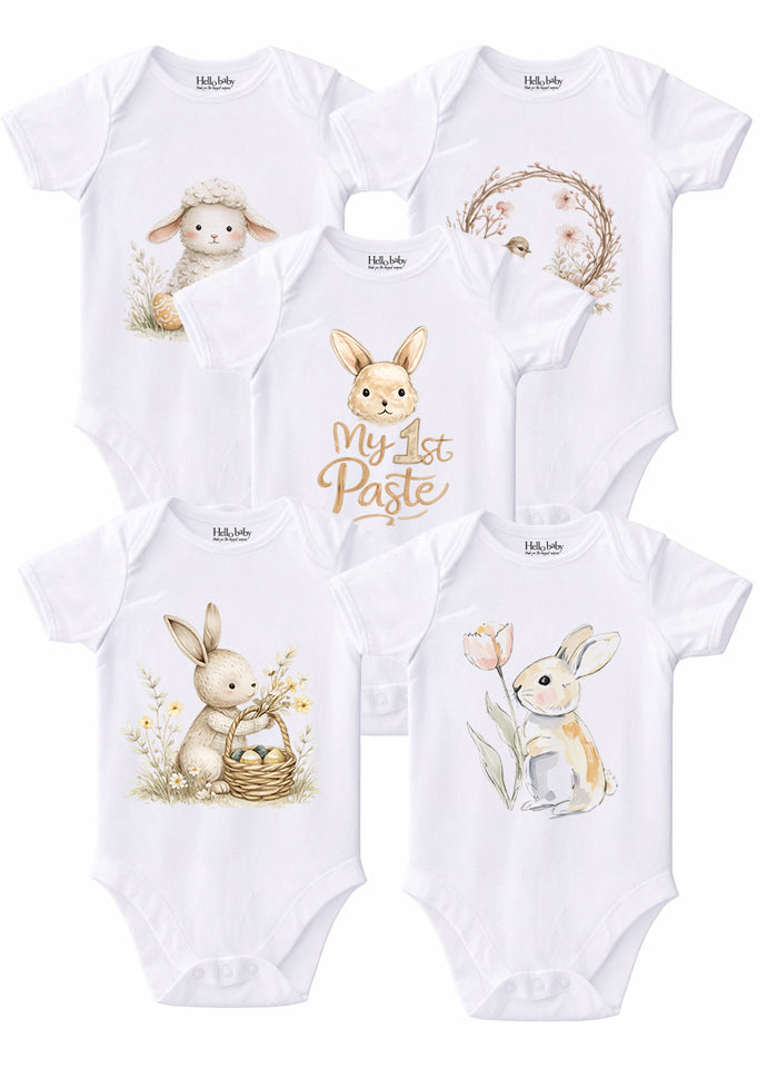 Set 5 Body-uri Bebeluși Albe Paște – Bumbac 100%, Body Baby Unisex