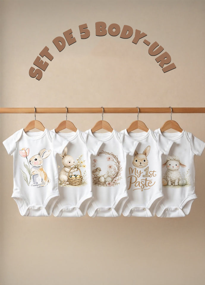 Set 5 Body-uri Bebeluși Albe Paște – Bumbac 100%, Body Baby Unisex